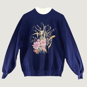 Vintage 90s Whimsical Grannycore Floral Mouse Frog Pullover Cottagecore Twee L